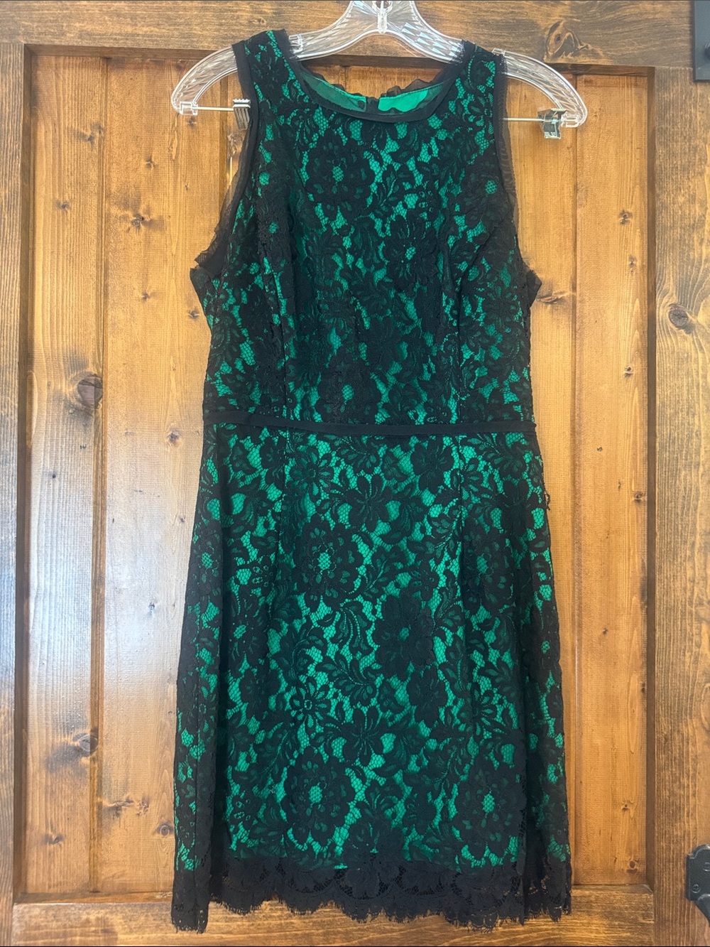 Milly Black Lace Overlay Dress with Emerald Green Lining